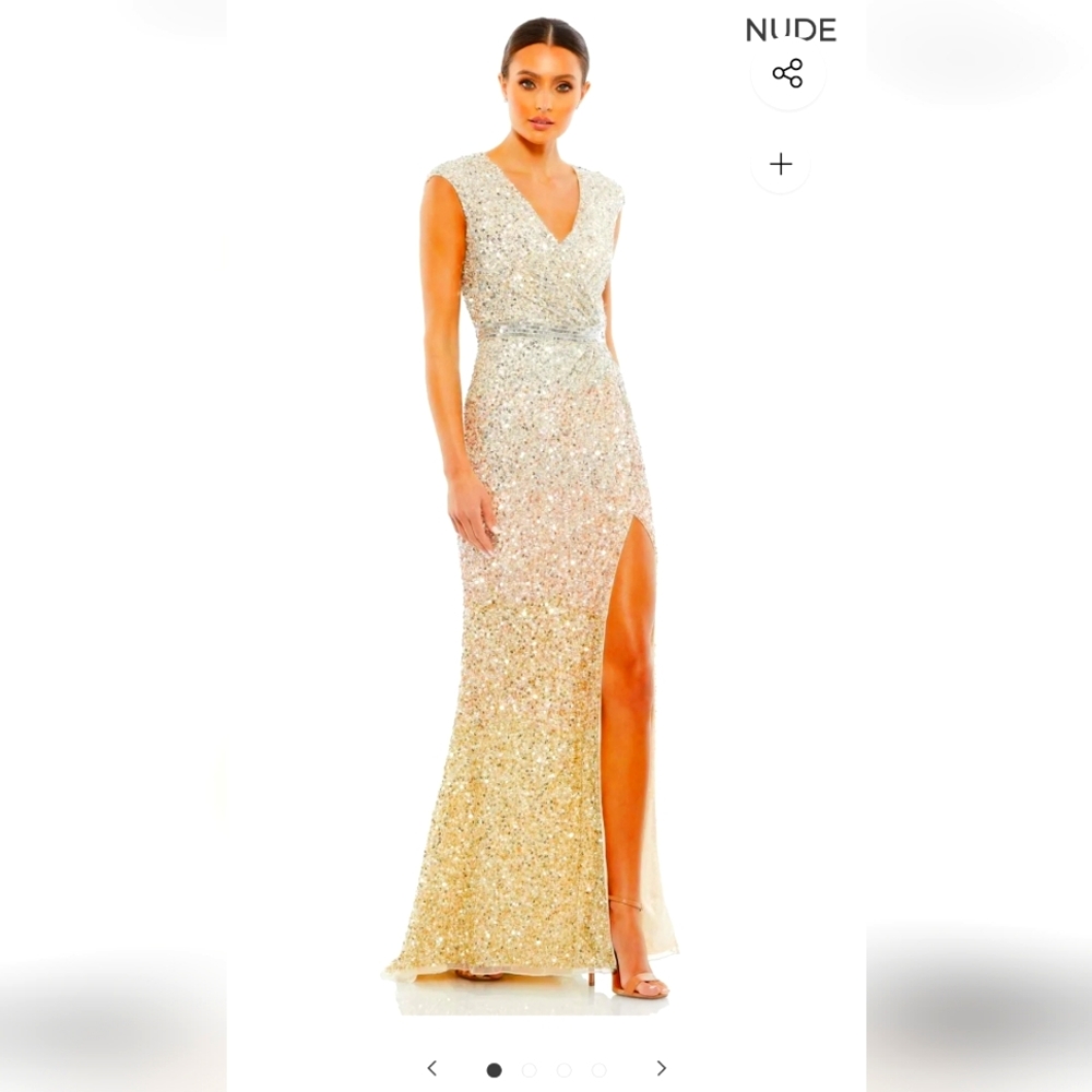 Mac Duggal Nude Gold Ombré Sequin V-Neck Evening Gown with High Slit